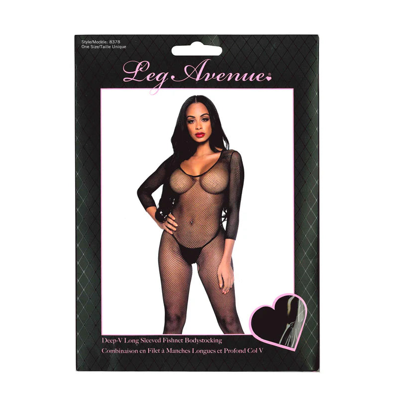 Leg Avenue - Body résille à manches longues et décolleté plongeant