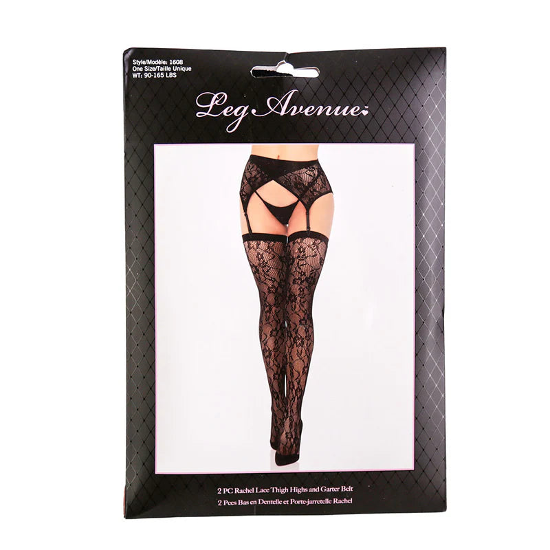 Leg Avenue - Ensemble deux pièces Rachel : bas cuissardes en dentelle et porte-jarretelles croisés – Taille unique
