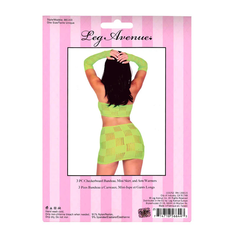Leg Avenue - Ensemble 3 pièces à carreaux : bandeau, mini-jupe et mitaines - Vert fluo