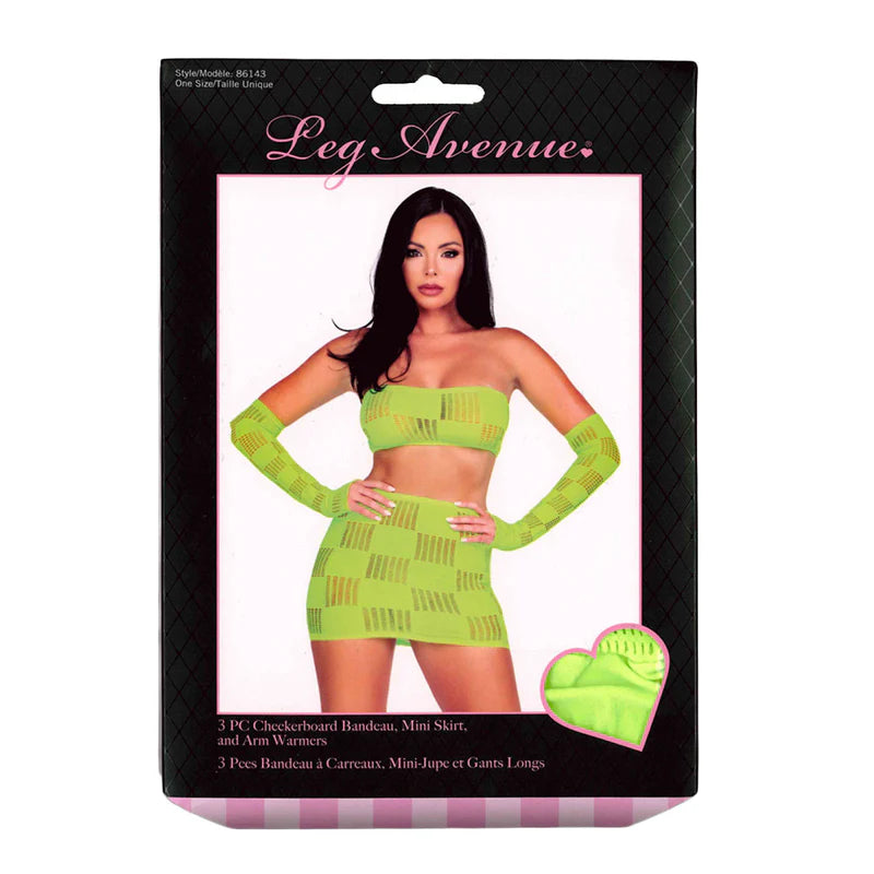 Leg Avenue - Ensemble 3 pièces à carreaux : bandeau, mini-jupe et mitaines - Vert fluo