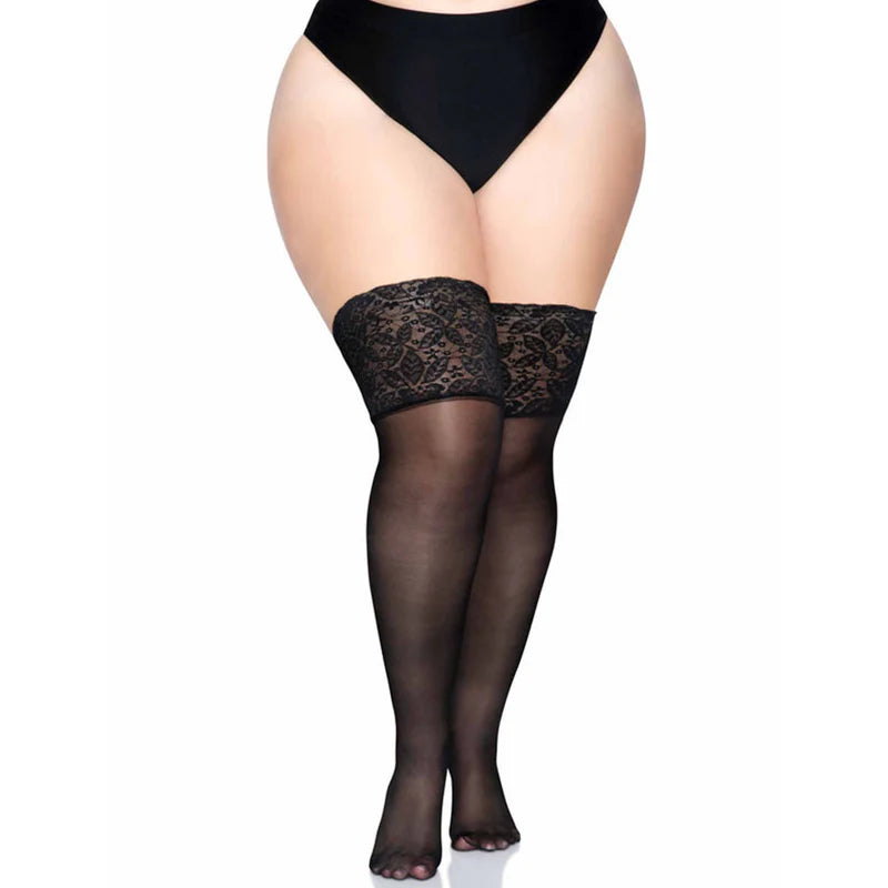 Leg Avenue - Bas cuissardes transparents en spandex avec bordure en dentelle et silicone de 12,5 cm – Noir – Taille Queen