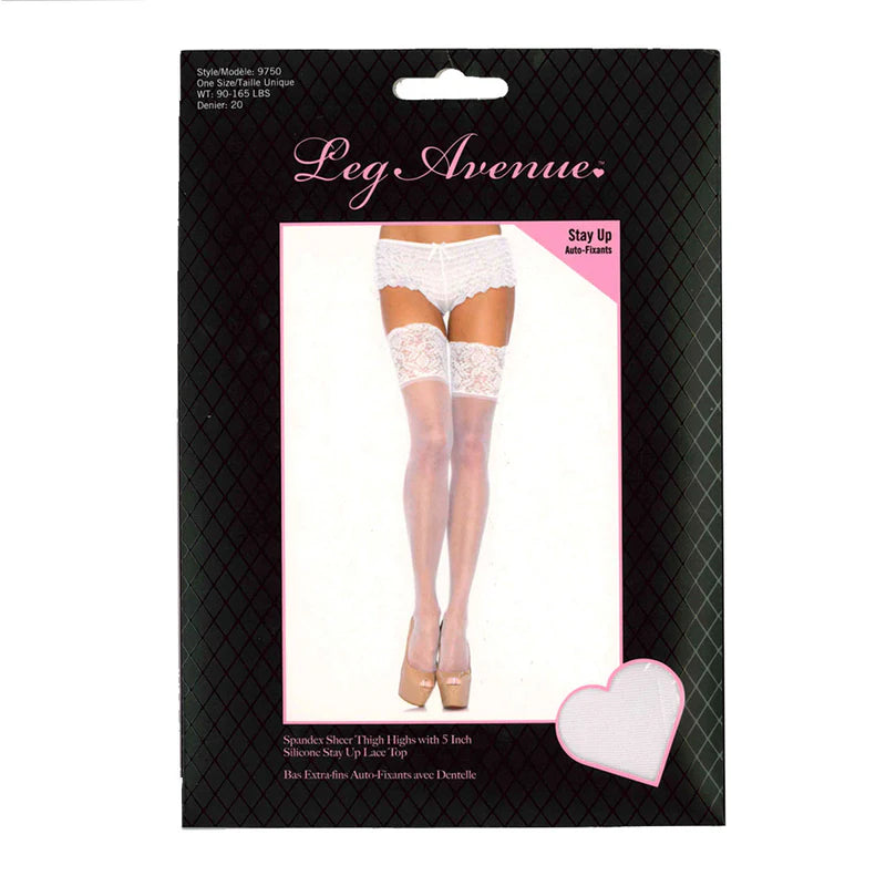 Leg Avenue - Bas cuissardes transparents en spandex avec bordure en dentelle et silicone de 12,5 cm – Blanc